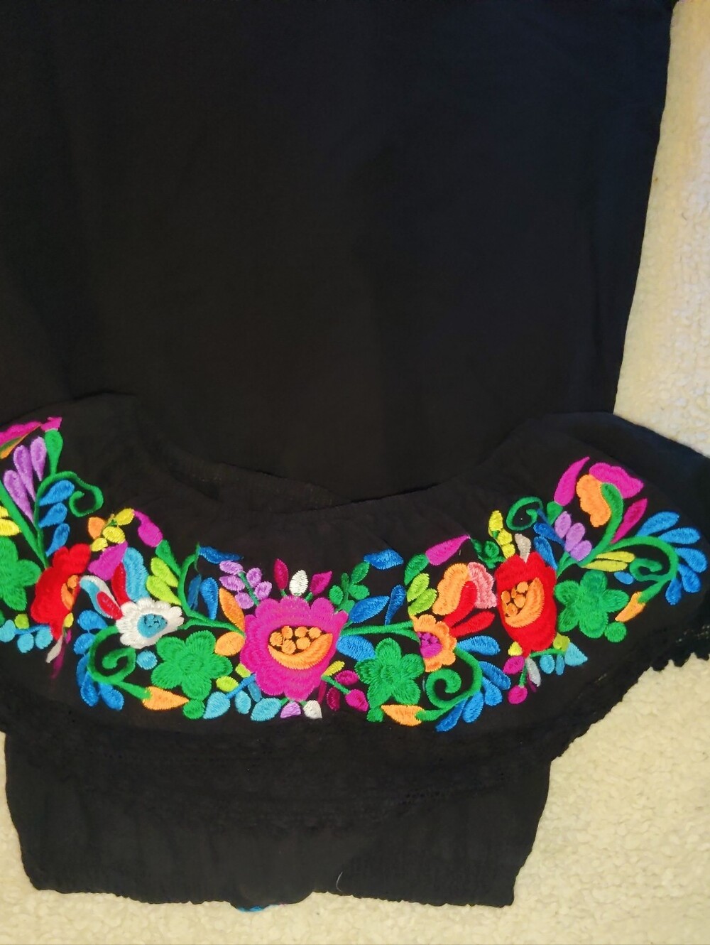 Handmade Embroidery Shoulder Ruffle Black Dress Flowers Multi-Color Design - Picture 3 of 6